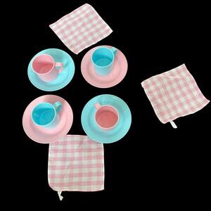 Metal Dishes Blue Pink Child Picnic Toy Set Napkin Rare HTF Play Wonder READ
